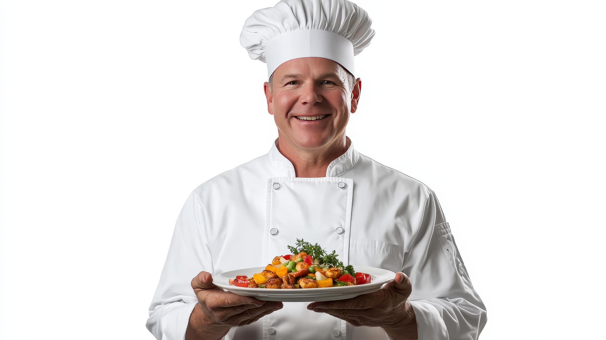 Chef in workshop smiling with plated dish